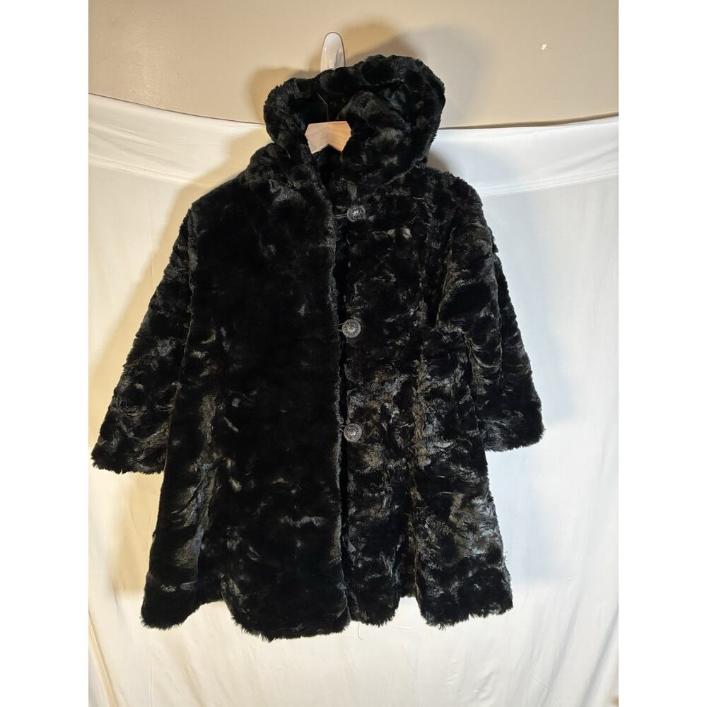 Corky & Company Girls 6X Vintage Black Faux Fur Hooded Coat Made USA Fancy